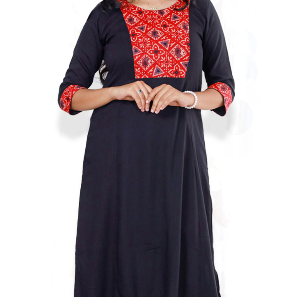 Anjali Wringle Rayon with Ajrakh Cotton Navy blue with Red Geometric Patch Top Anjali Wringle Rayon with Ajrakh Cotton Navy blue with Red Geometric Patch Top