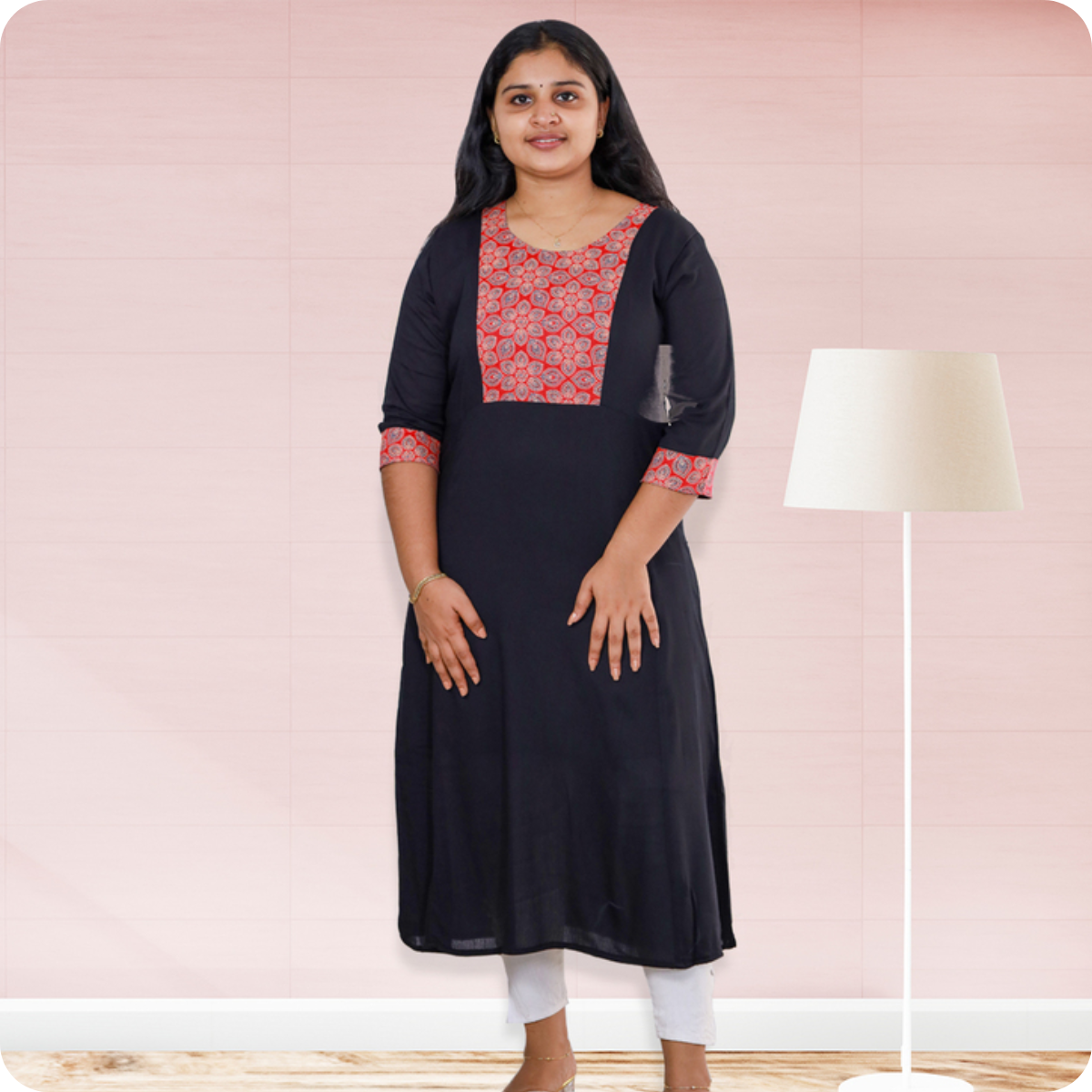 Anjali wringle rayon with Ajrakh cotton Navy Blue with Red floral Patch top Anjali wringle rayon with Ajrakh cotton Navy Blue with Red floral Patch top