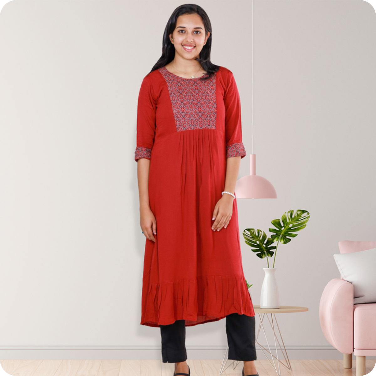 Anjali wringle rayon with Ajrakh cotton patch Red with sall Floral Top Anjali wringle rayon with Ajrakh cotton patch Red with sall Floral Top