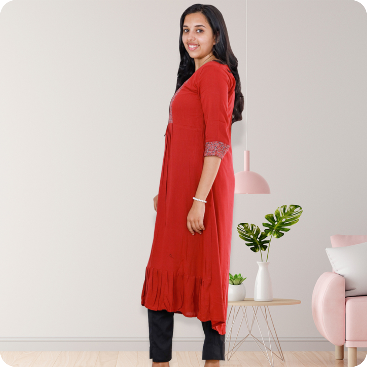 Anjali wringle rayon with Ajrakh cotton patch Red with sall Floral Top Anjali wringle rayon with Ajrakh cotton patch Red with sall Floral Top