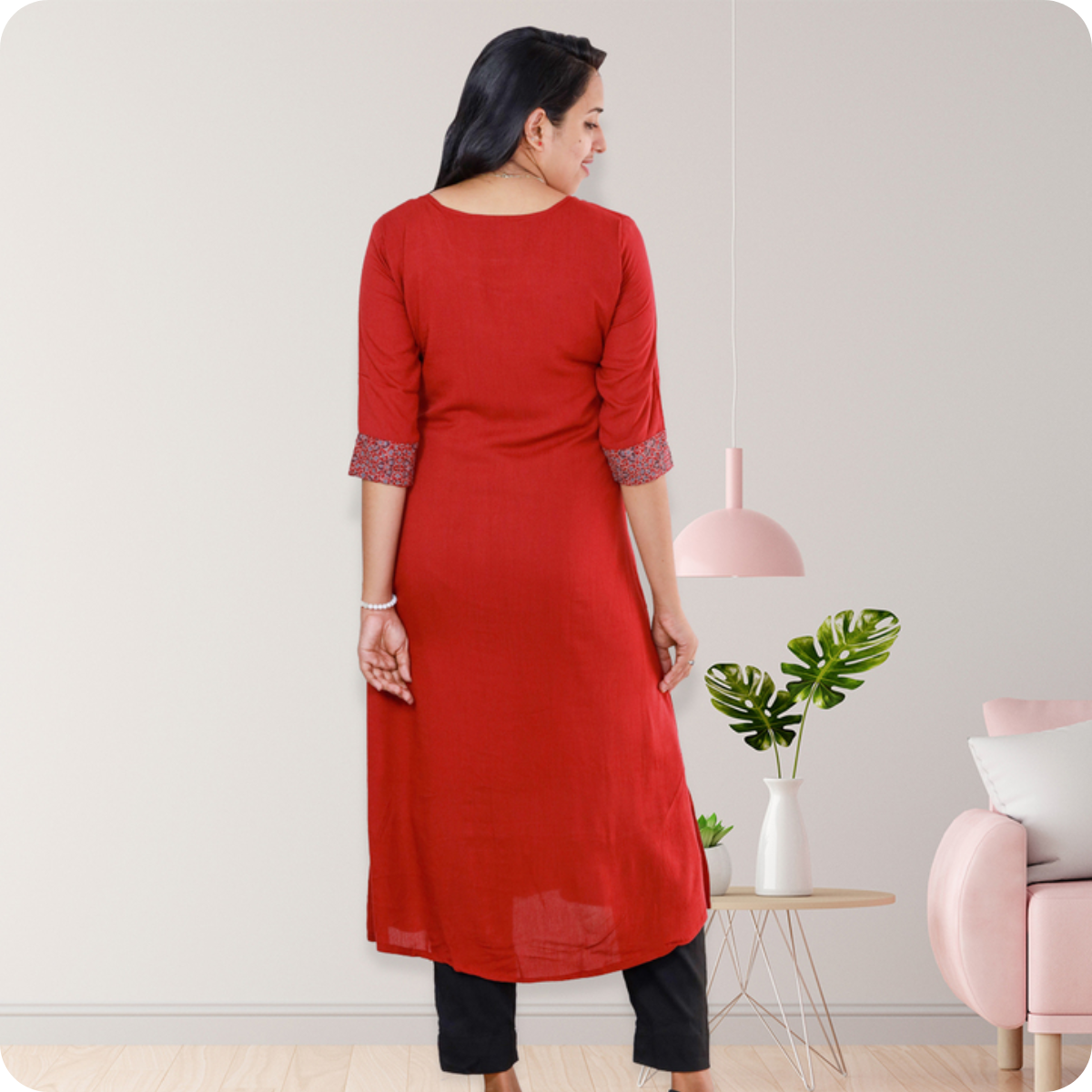 Anjali wringle rayon with Ajrakh cotton patch Red with sall Floral Top Anjali wringle rayon with Ajrakh cotton patch Red with sall Floral Top