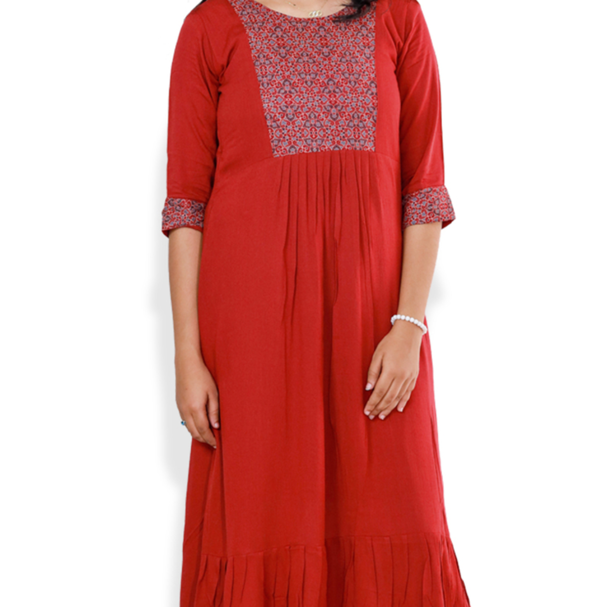Anjali wringle rayon with Ajrakh cotton patch Red with sall Floral Top Anjali wringle rayon with Ajrakh cotton patch Red with sall Floral Top