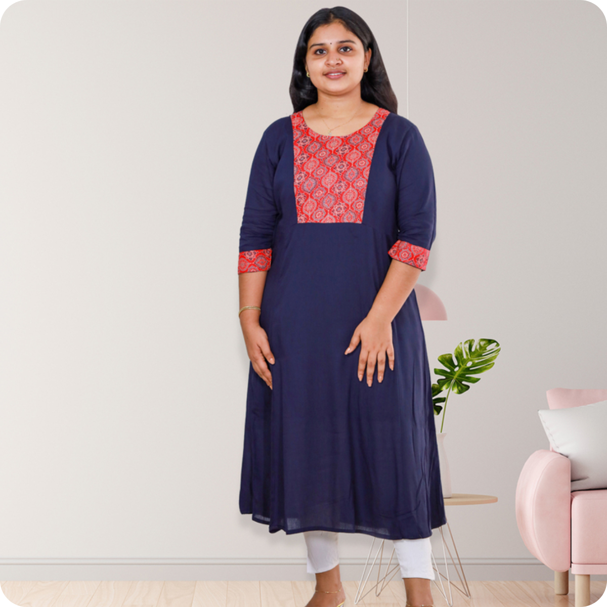 Anjali wringle rayon with Ajrakh cotton Blue with Red Geometric Patch Top Anjali wringle rayon with Ajrakh cotton Blue with Red Geometric Patch Top