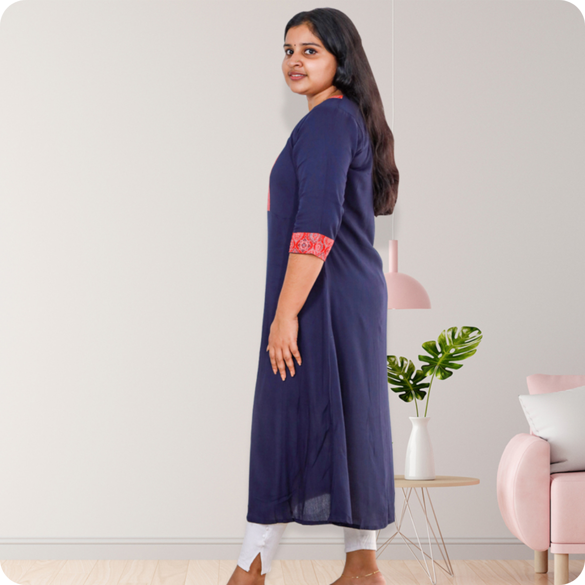 Anjali wringle rayon with Ajrakh cotton Blue with Red Geometric Patch Top Anjali wringle rayon with Ajrakh cotton Blue with Red Geometric Patch Top
