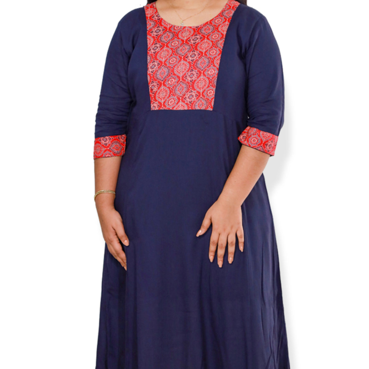 Anjali wringle rayon with Ajrakh cotton Blue with Red Geometric Patch Top Anjali wringle rayon with Ajrakh cotton Blue with Red Geometric Patch Top