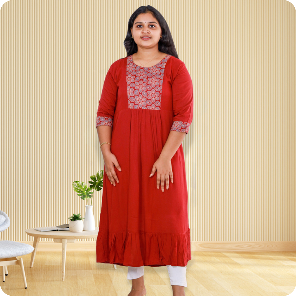 Anjali wringle rayon with Ajrakh cotton chilly Red with Floral Patch top Anjali wringle rayon with Ajrakh cotton chilly Red with Floral Patch top