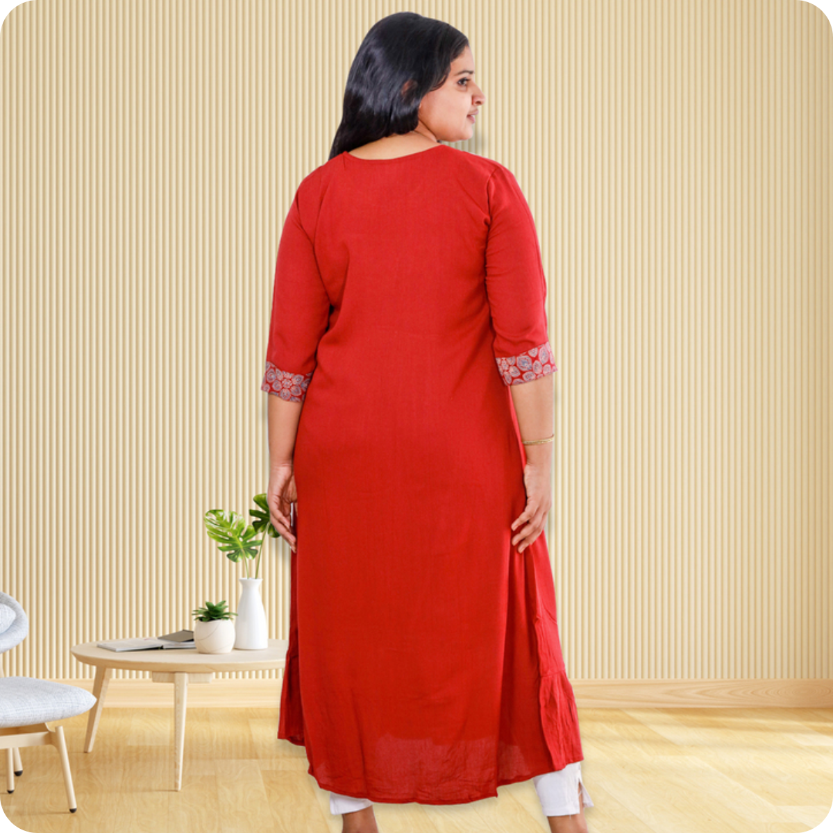 Anjali wringle rayon with Ajrakh cotton chilly Red with Floral Patch top Anjali wringle rayon with Ajrakh cotton chilly Red with Floral Patch top