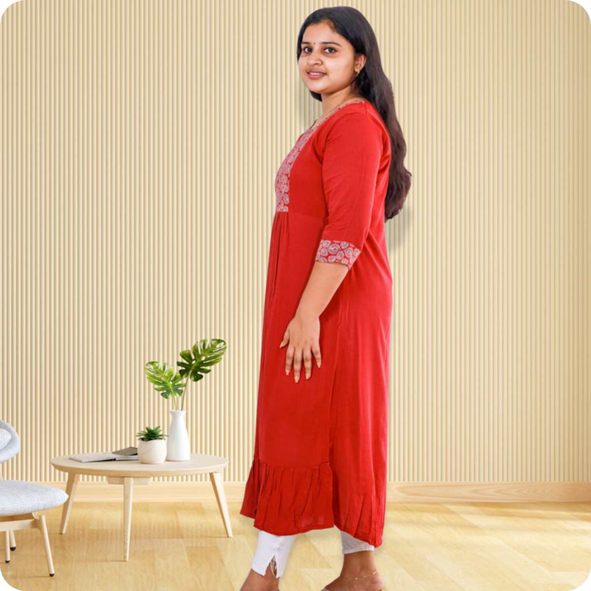 Anjali wringle rayon with Ajrakh cotton chilly Red with Floral Patch top Anjali wringle rayon with Ajrakh cotton chilly Red with Floral Patch top