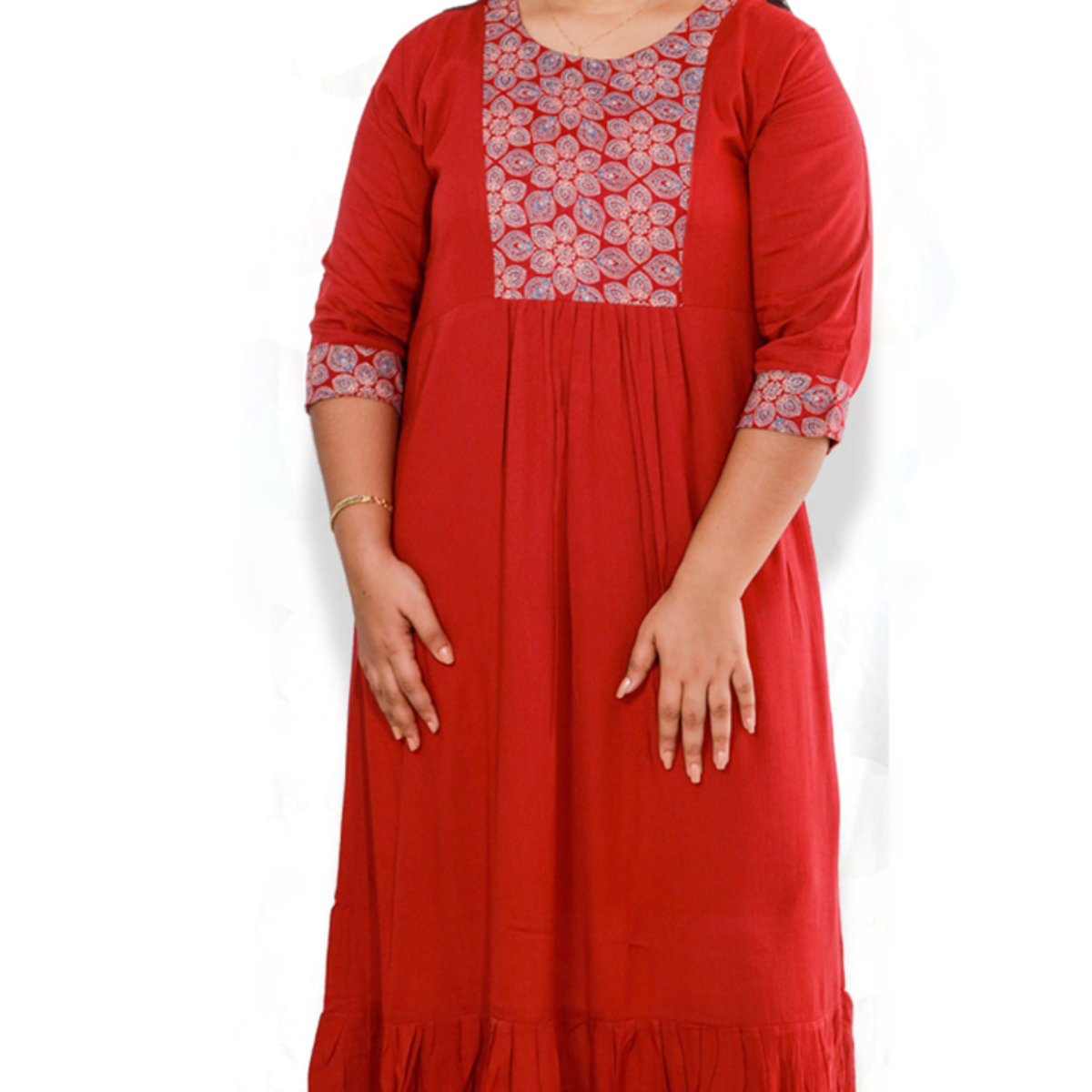 Anjali wringle rayon with Ajrakh cotton chilly Red with Floral Patch top Anjali wringle rayon with Ajrakh cotton chilly Red with Floral Patch top