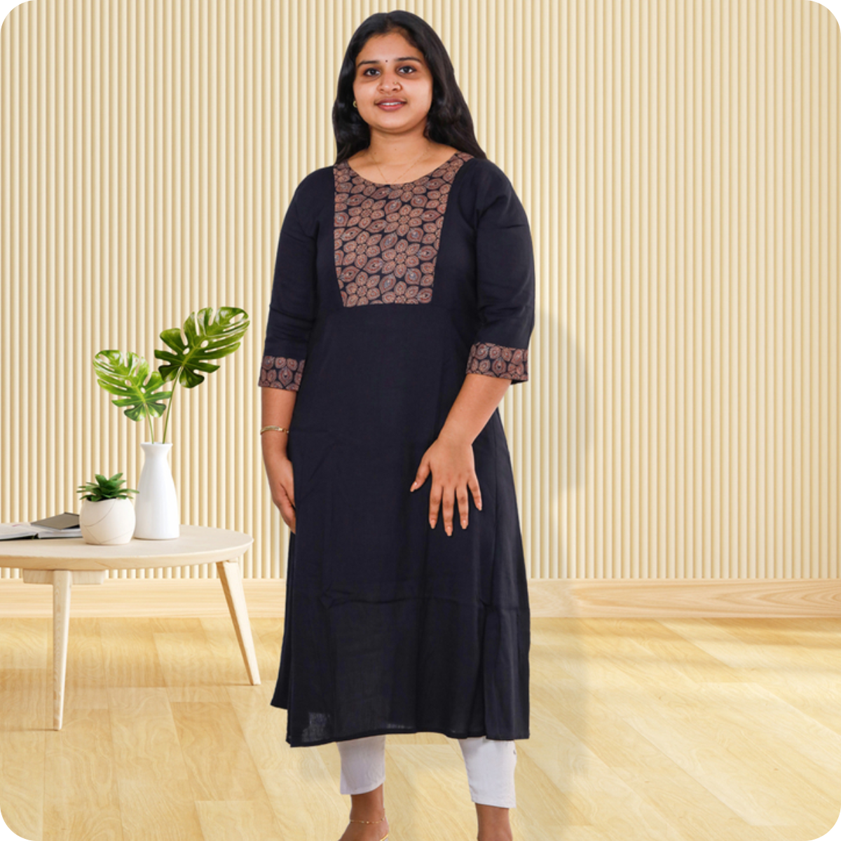 Anjali wringle rayon top with ajrakh cotton Navy Blue Small floral Patch Top Anjali wringle rayon top with ajrakh cotton Navy Blue Small floral Patch Top