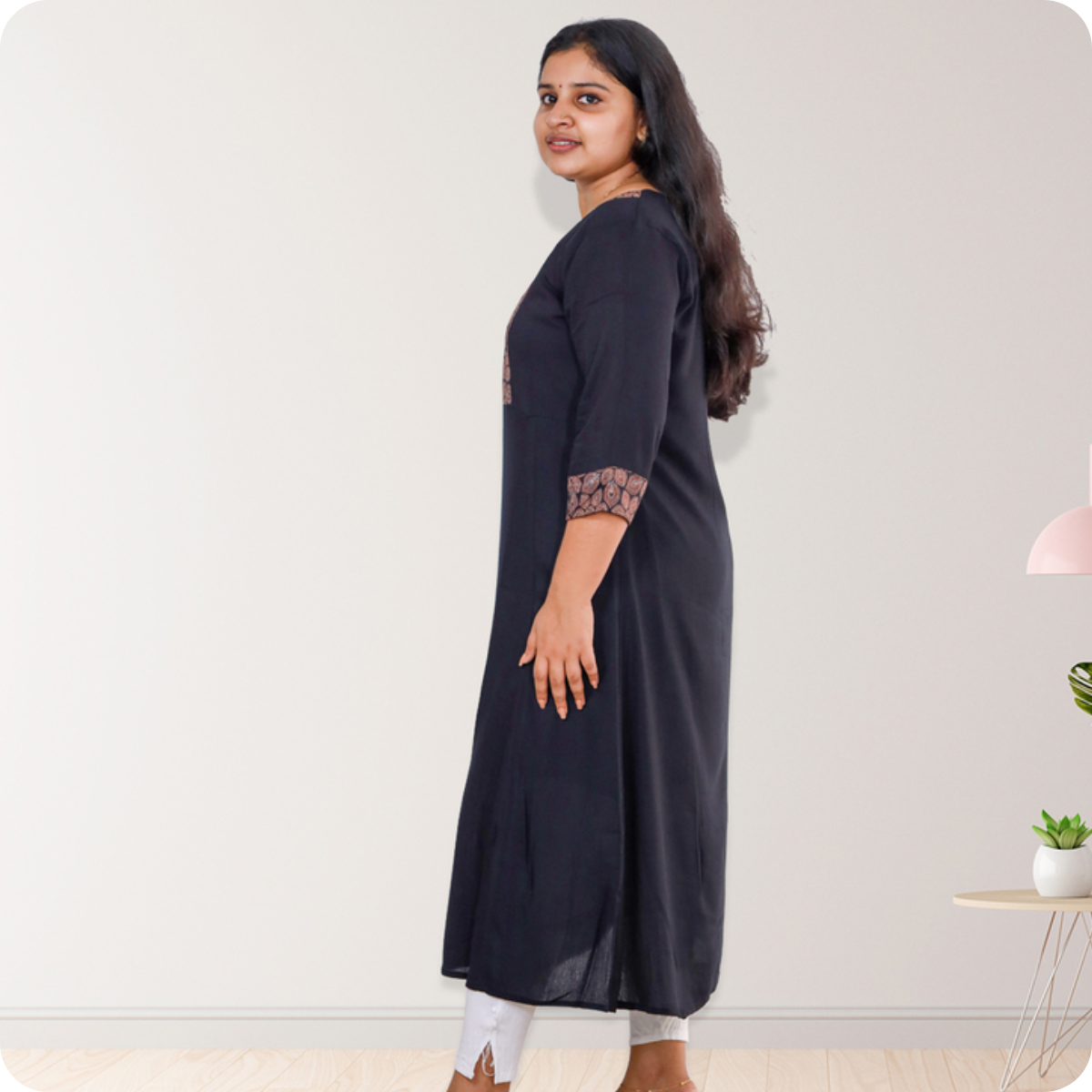 Anjali wringle rayon with Ajrakh Cotton Black with Floral patch Anjali wringle rayon with Ajrakh Cotton Black with Floral patch
