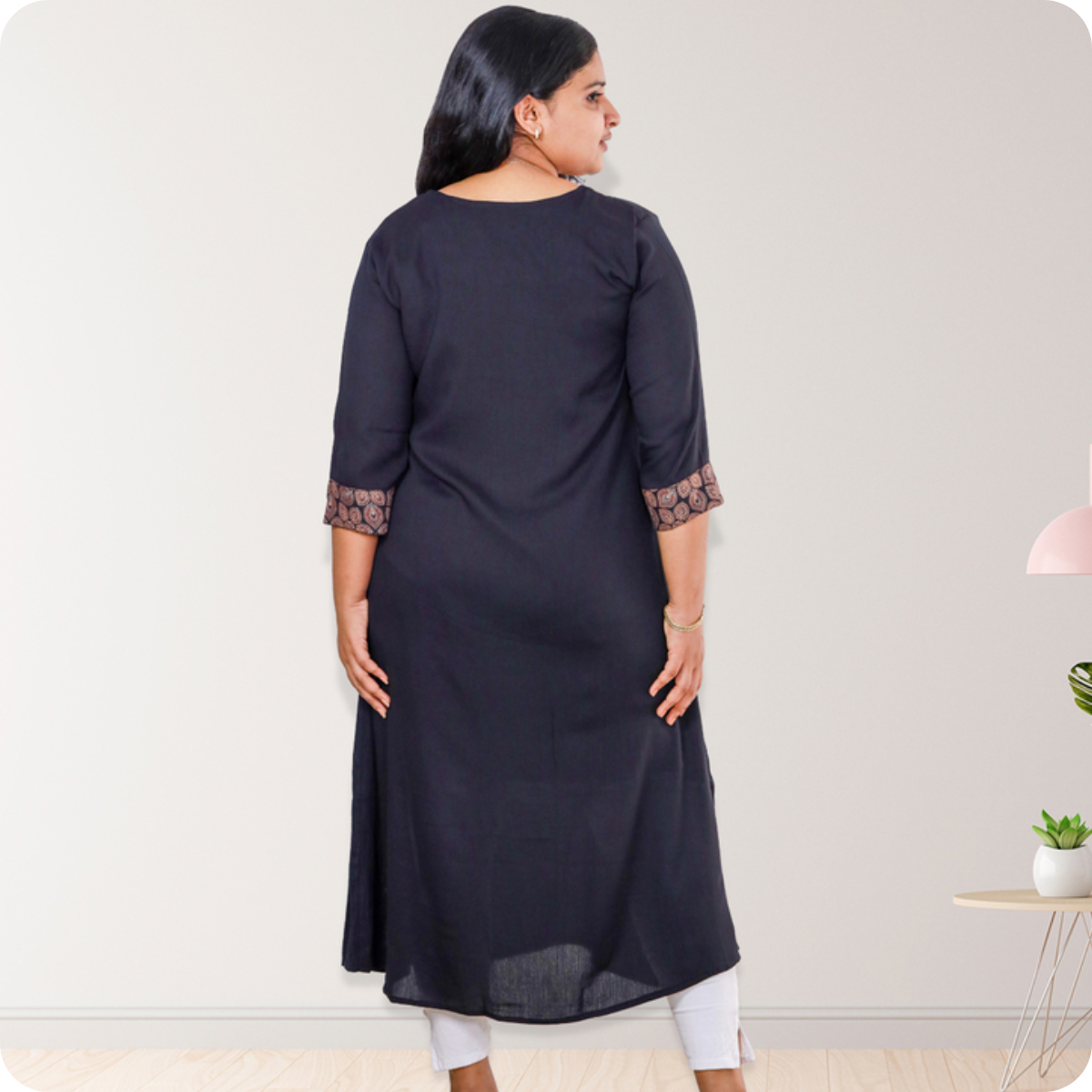 Anjali wringle rayon with Ajrakh Cotton Black with Floral patch Anjali wringle rayon with Ajrakh Cotton Black with Floral patch