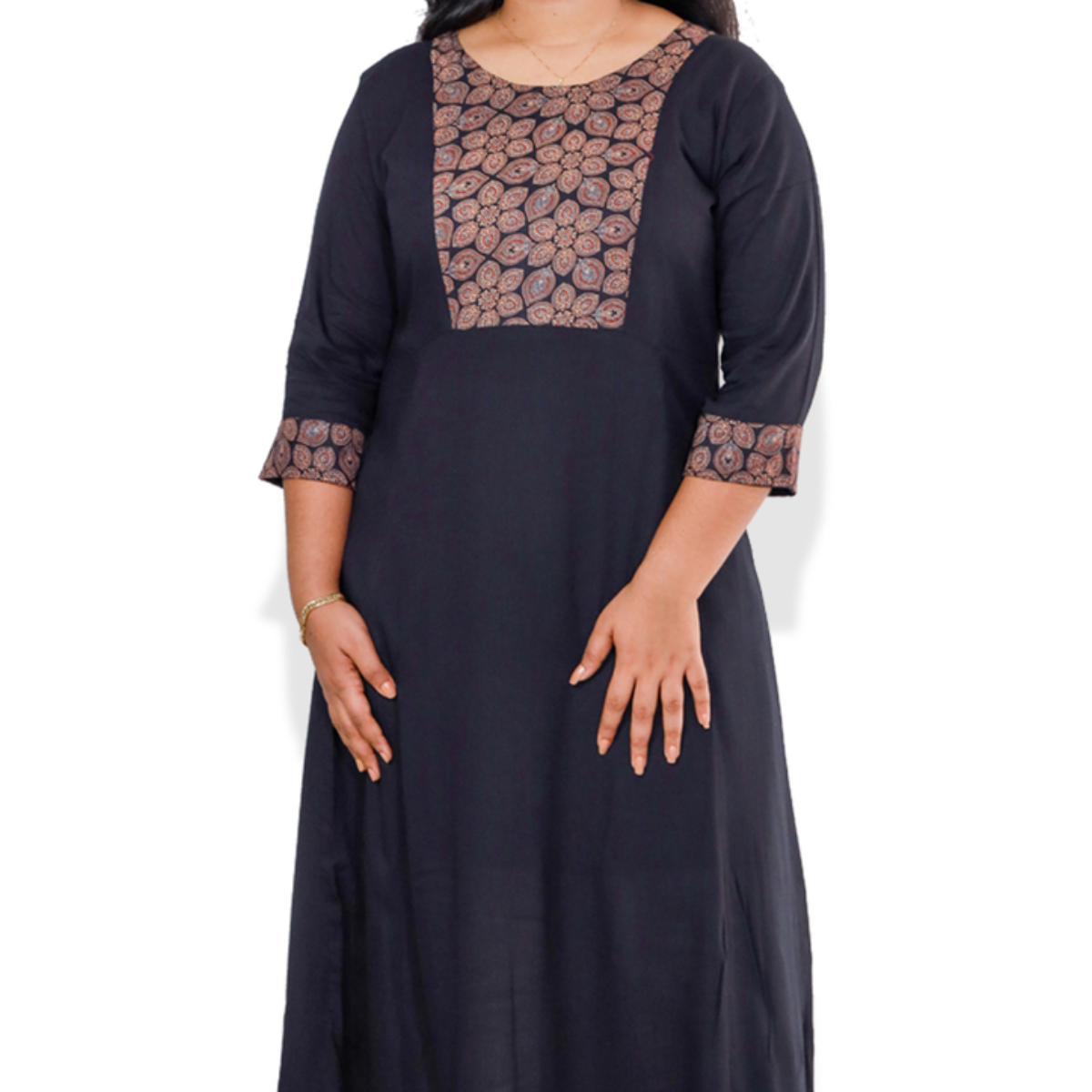 Anjali wringle rayon with Ajrakh Cotton Black with Floral patch Anjali wringle rayon with Ajrakh Cotton Black with Floral patch